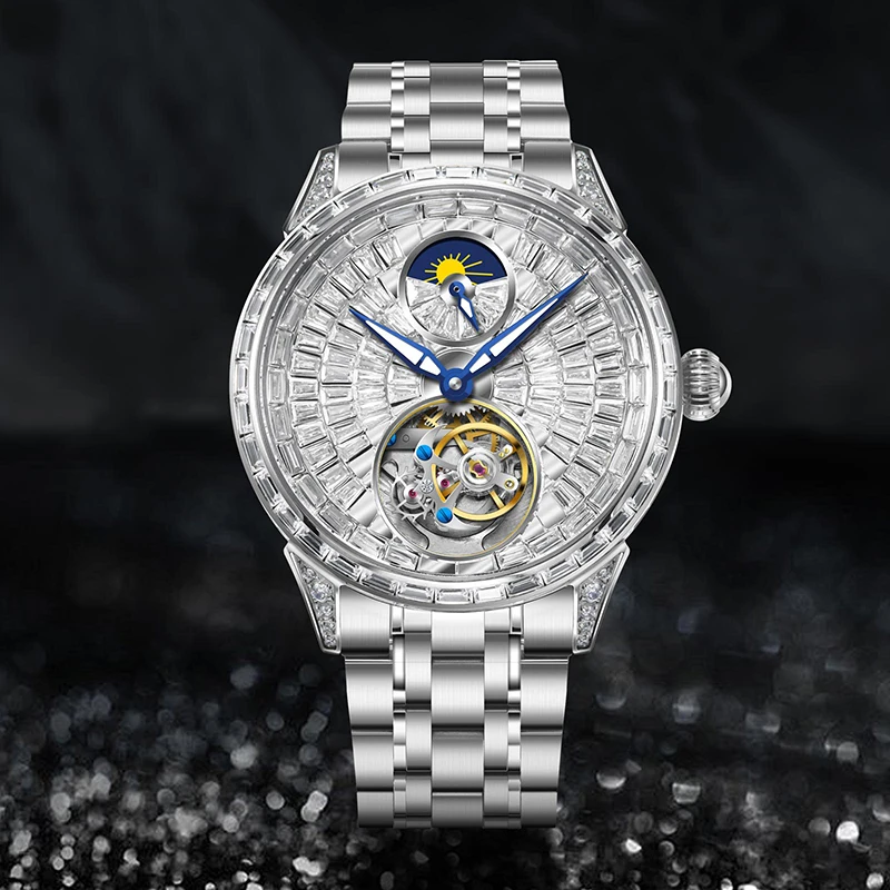 Orologio da uomo Quadrante con diamanti Cintura in acciaio inossidabile Orologio meccanico da uomo Movimento Tourbillon Orologio da uomo alla moda impermeabile 30 metri