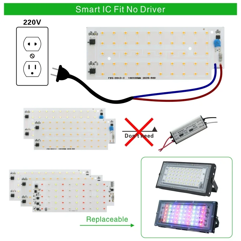 50w led chip de luz de inundação smd 2835 holofote holofotes ao ar livre contas ac 220v para lâmpada de rua led iluminação da paisagem rgb chips