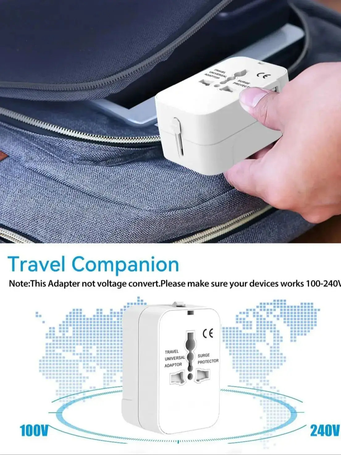 Adaptateur de voyage 1 pièce avec 2 Ports de chargement USB, chargeur double USB, adaptateur de voyage universel tout-en-un au monde, chargeur mural