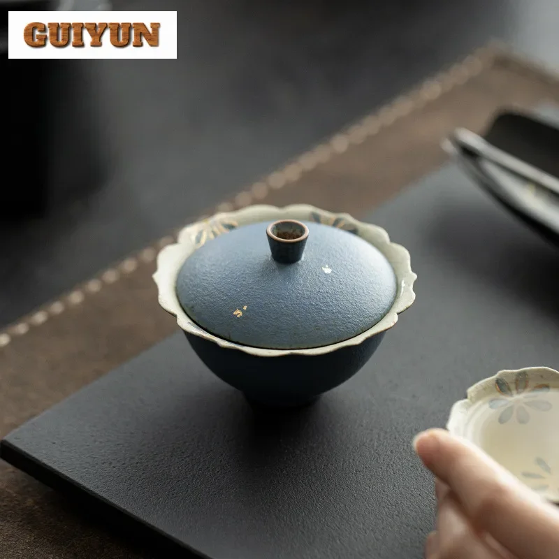 

90ml Hand Drawn Daisy Gaiwan Handmade Indigo Blue Tea Tureen Tea Bowl With Lid Kit Tea Maker Cover Bowl Teaset Accessories Gift