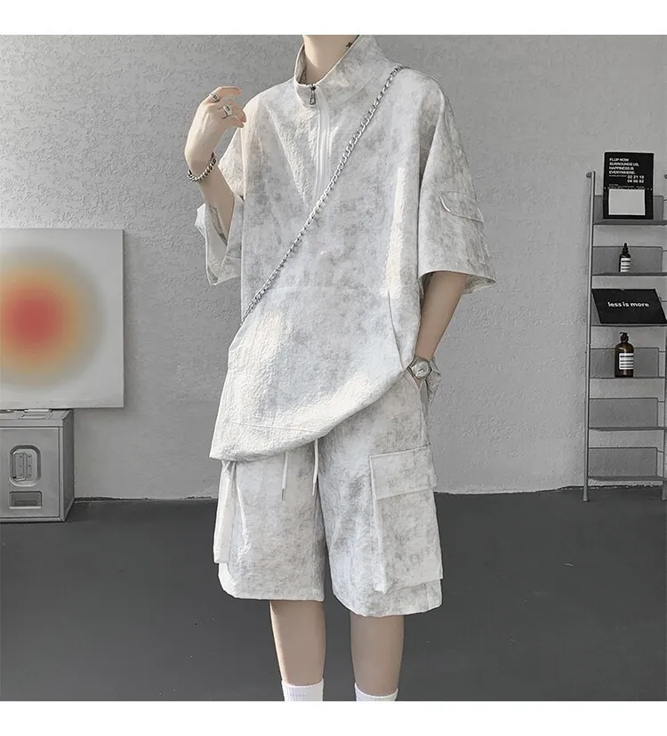 2026 Sommer Hong Kong Style Halb-Reißverschluss-Färbe-Set aus Eisseide mit Kühlfunktion, zweiteiliges Sportswear-Outfit im Hanfu-Stil mit kurzen Ärmeln – Detail 6
