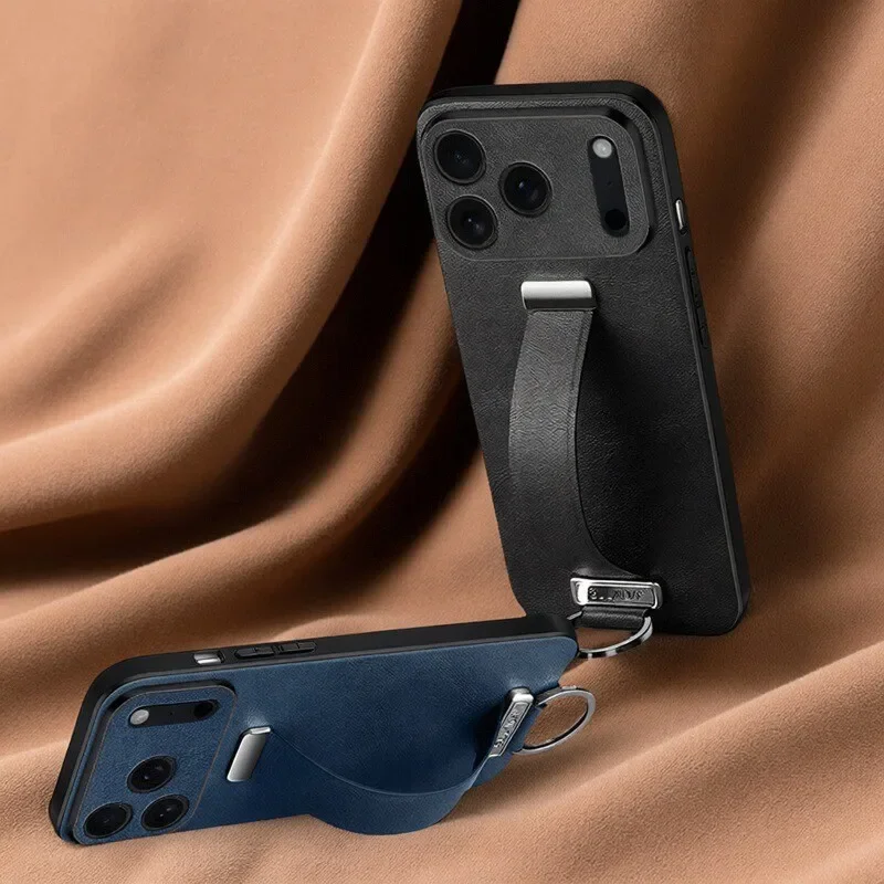 

Elegant Wristband Leather Case For iPhone 17 Air 16 Pro Max 15 Plus Streatchable Stand Cover Elegant Business Finger Ring