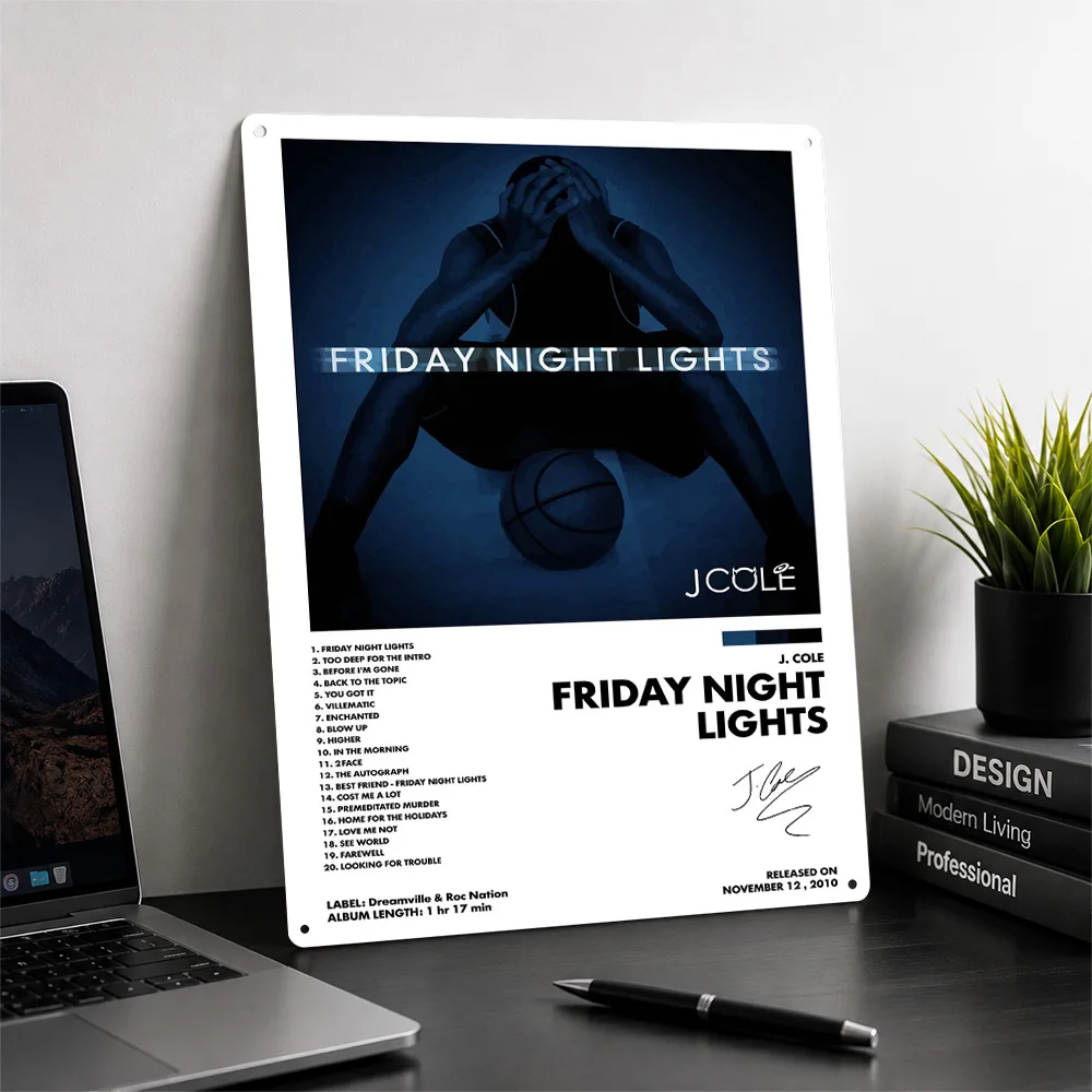 J. Cole Friday Night Lights 3D Printed Texture Poster Personalized Wall Art Retro Metal Tin Signs for Bedroom Decorations Room