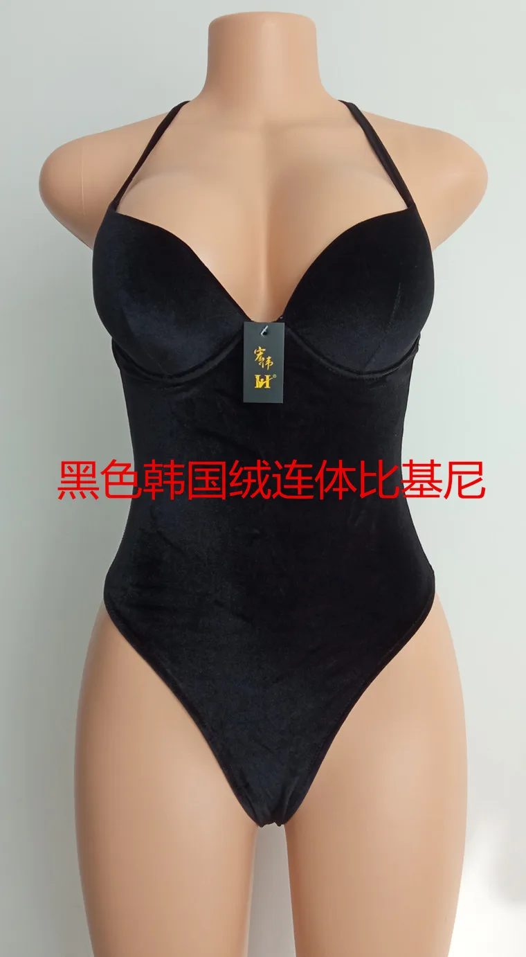 Bikini de terciopelo coreano negro Popular para mujer, modelo de Fitness, traje de competición de Bikini de una pieza NPC IFBB