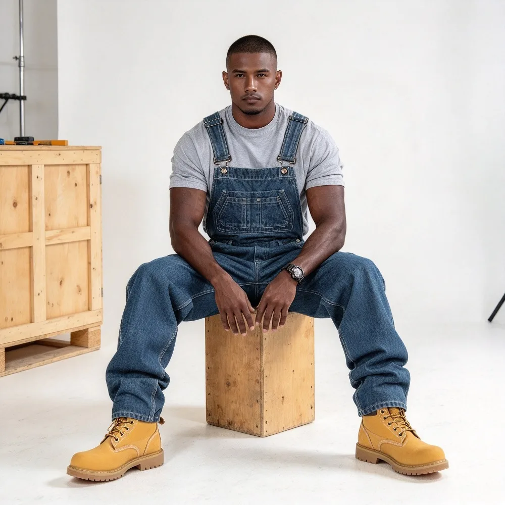 Mens Denim Bib Overalls, Loose Fit Workwear Jumpsuit, Shoulder Straps Utility Bib Pants for Daily Wear
