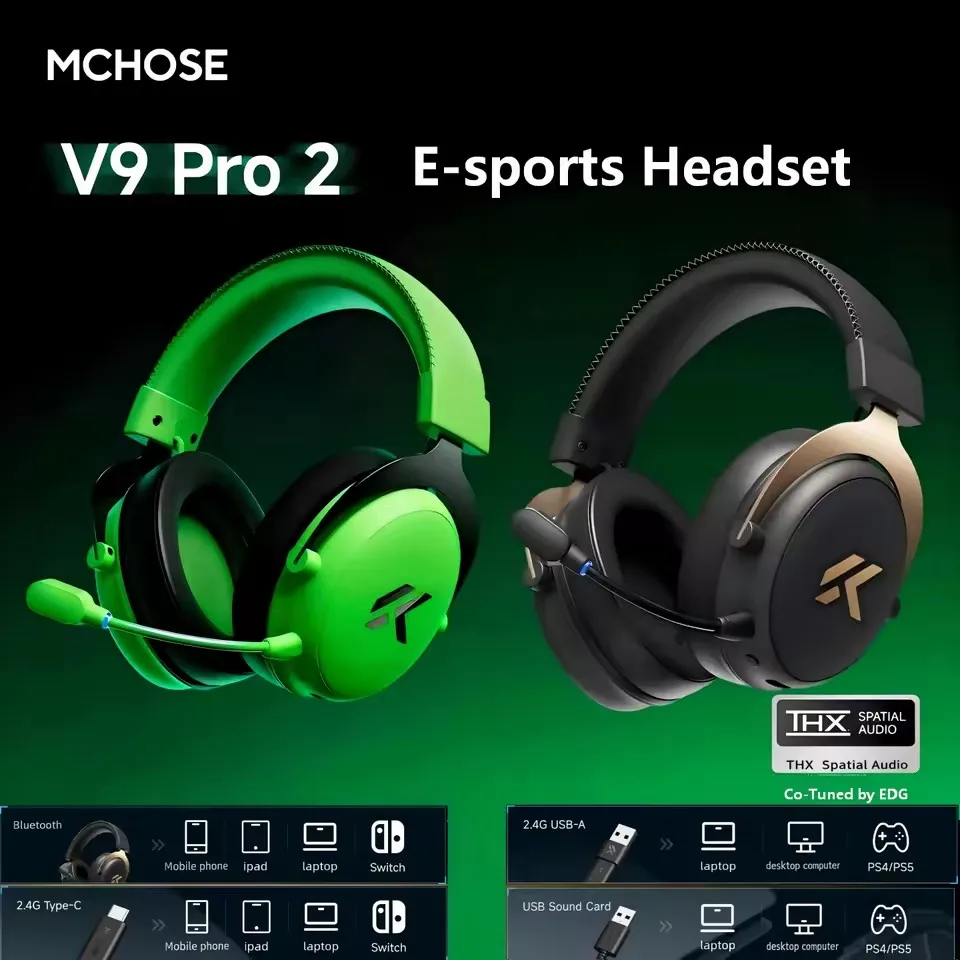 MCHOSE V9 Pro 2 E-sports Wireless Gaming Headset 4-Mode THX Spatial Audio 53mm Driver Over-Ear 300h Battery EDG Co-Tuned