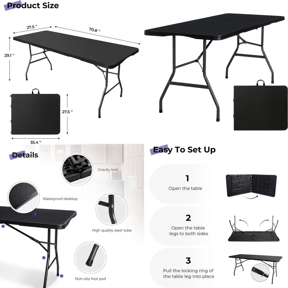 

Portable Heavy-Duty 6-Foot Folding Utility Table for Indoor, Outdoor, Camping, and Party Use, Black
