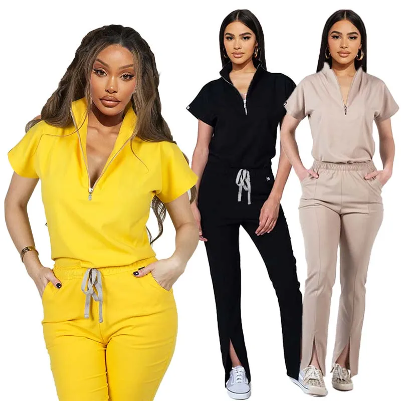 Surgical Clinic Pink blue blak yellow teal Spa Salon Dental Aesthetic Medical Beauty Lady Nurse Women zipper Uniform scrubs Set