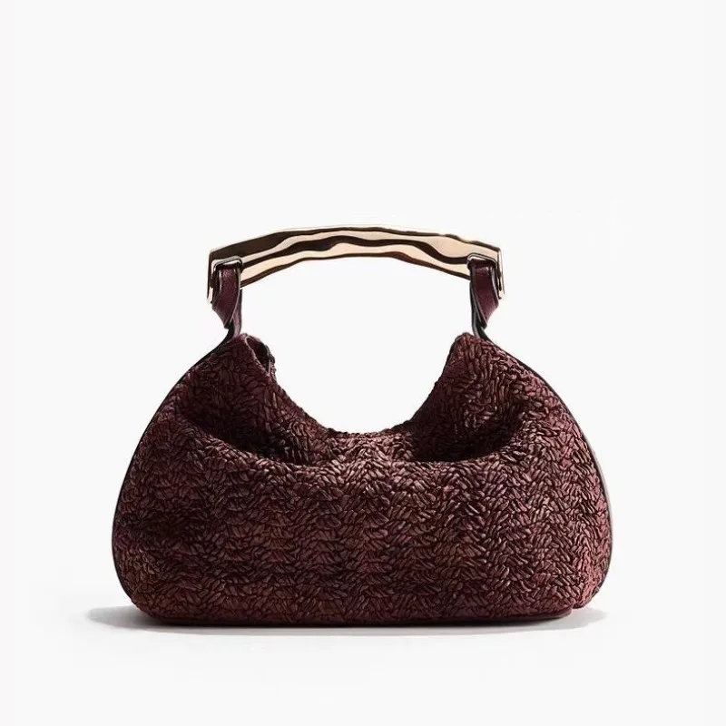 2026 New Metal Handle  HandBag Retro Straw Woven Daily Versatile Armpit Bag Summer Vacation Travel Beach Bag  Sac A Main Femme