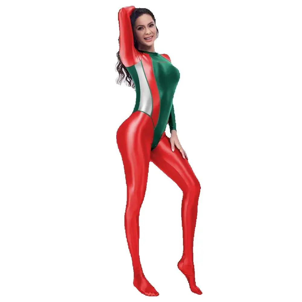 know dream Long sleeved foot hugging jumpsuit Christmas color scheme, holiday long sleeved spandex bodysuit, competitive suit