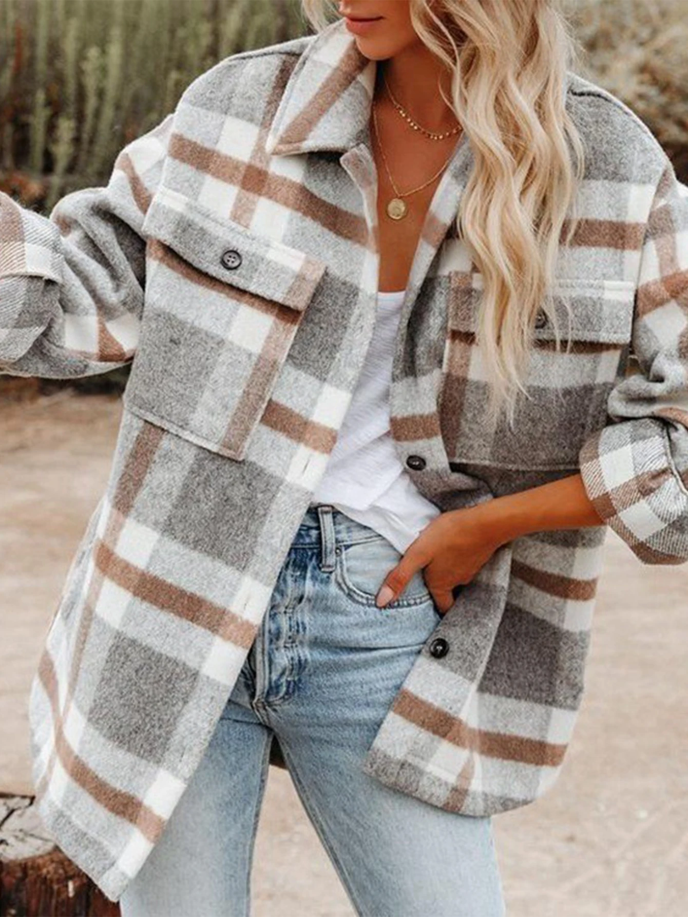 

Women's Winter Fashion Plaid Coat Casual Shirt Collar Long Sleeve Comfortable Street Daily Jacket