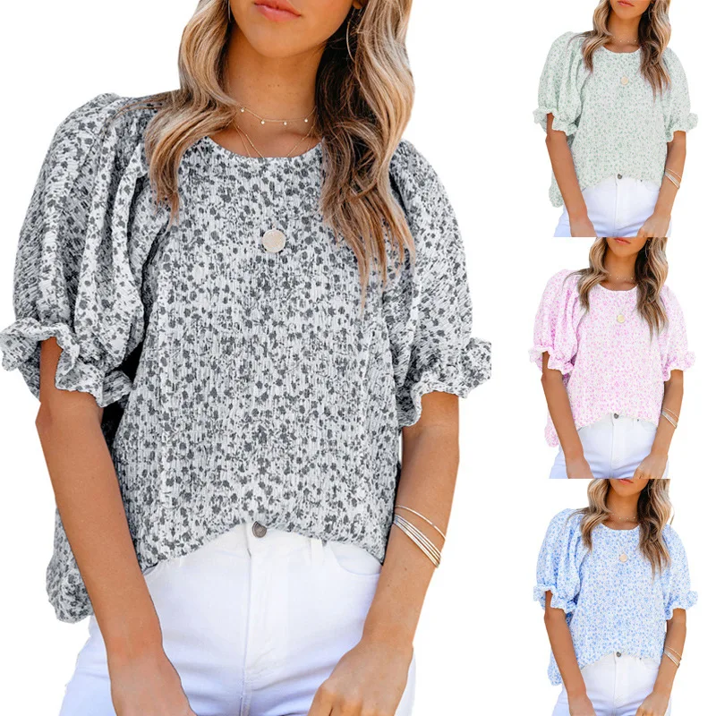 Women's Shirts New Floral Fashion Print Short Puff Sleeve And Round Neck Blouses Casual Loose Vintage Female's Tops 2024 Summer