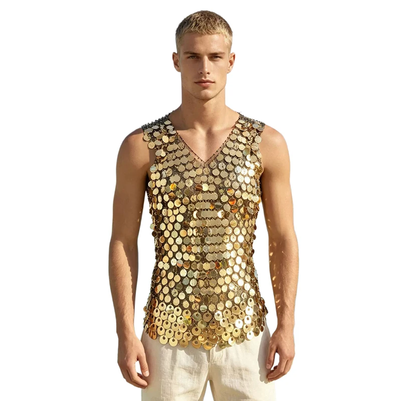 Herren Pailletten-Tanktop Ärmellos Transparentes Netz-Oberteil Ausgehöhlt Nachtclub Party Festival Rave Mode Y2K Top футболка+женская – Detail 1
