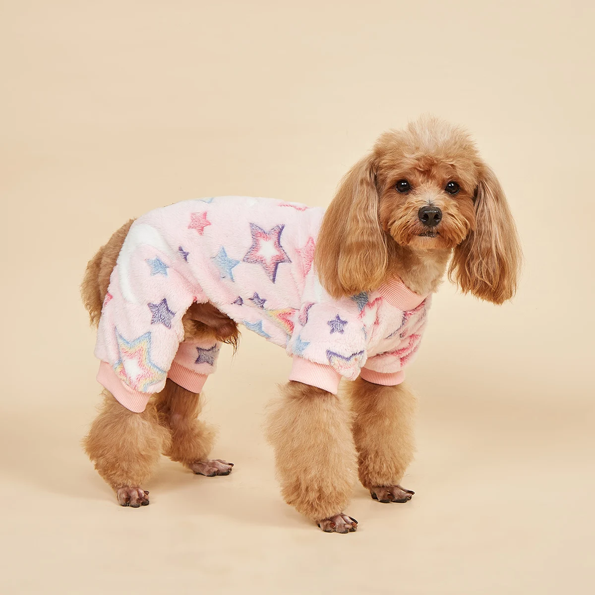 Pink Plush Dog Pajamas for Small Dogs Girl Winter Warm Puppy Pjs Fleece Clothes Sweater Outfit Cold Weather Dog Colorful Stars P