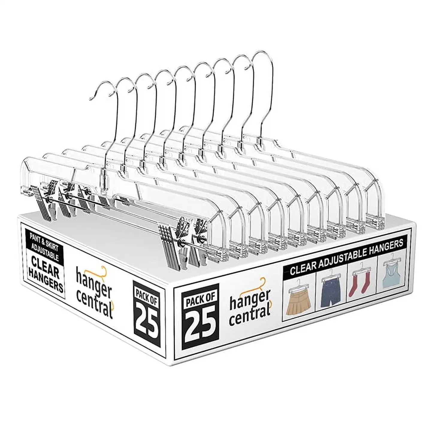 

Hanger Central Durable Clear Plastic Pants Clothing Hangers with Clips, 14 inch, 25 Pack