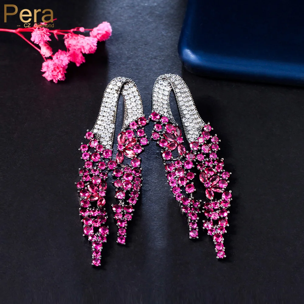 

Pera Creative Hot Pink CZ Long Fringed Dangle Earrings Black Gold Plated Trendy Brand Jewelry for Women Party Accessories E957