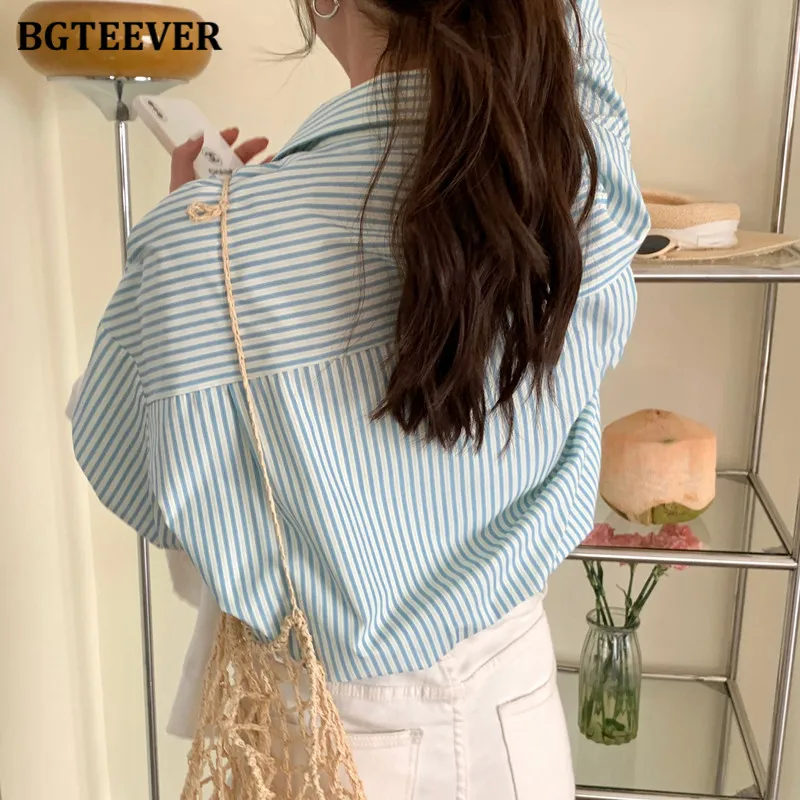 BGTEEVER Stylish Long Sleeve Women Striped Blouses Tops Spring Pocket Casual Single-breasted Lapel Cotton Shir