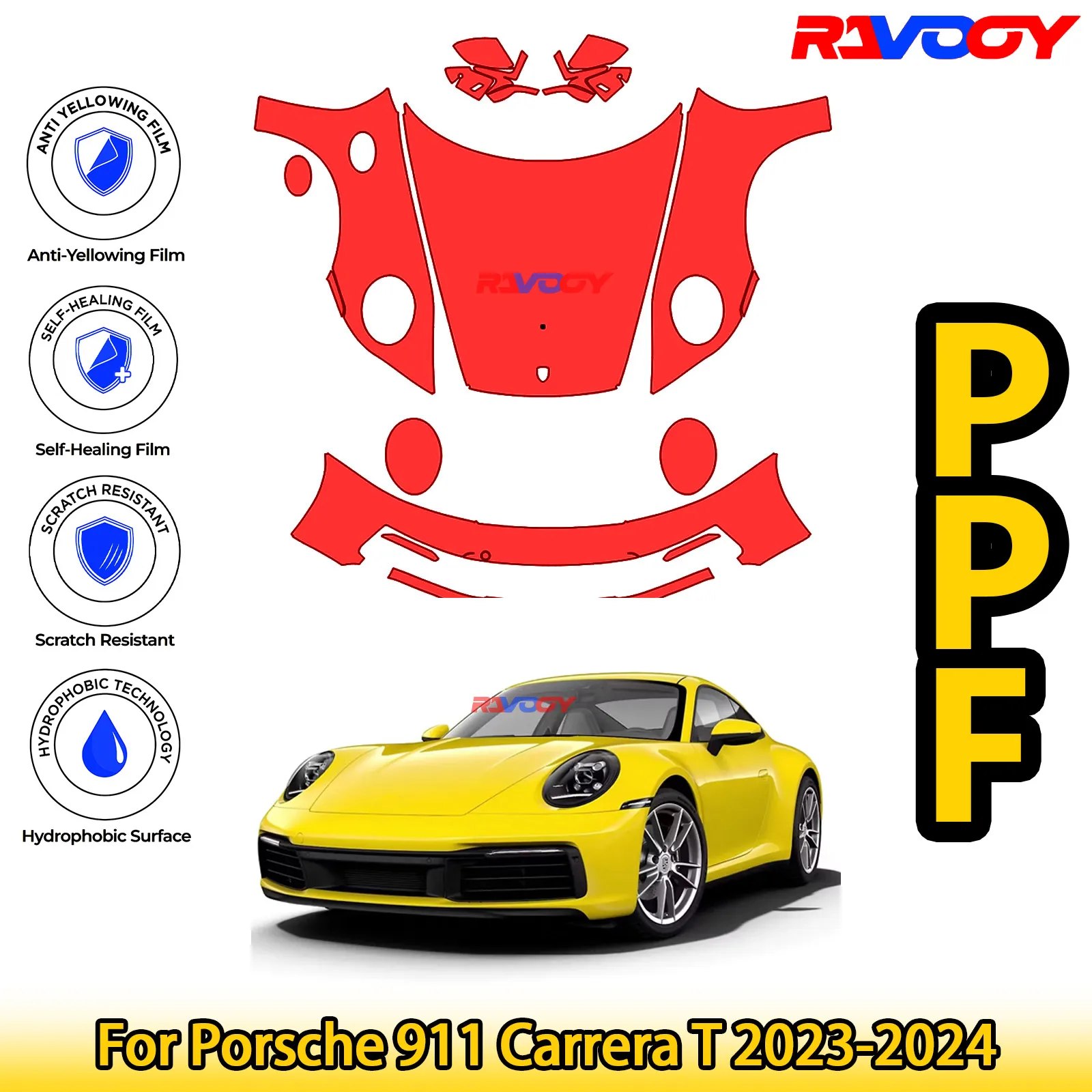 

Для Porsche 911 Carrera T 2023-2024 глянцевая матовая черная предварительно вырезанная передняя защитная пленка PPF для Porsche 911