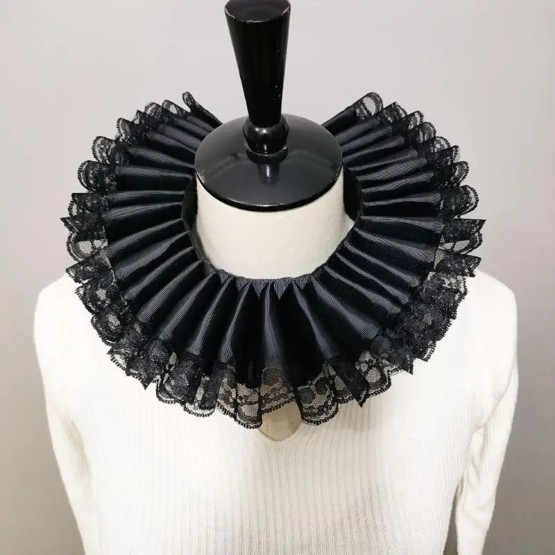 Women Elizabethan Lace Trim Ruffled Detachable False Collar Victorian Colonial Rennaisance Costume Necklace Shawl Wrap