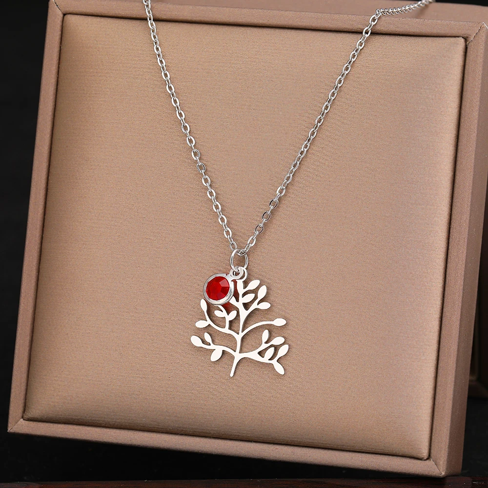 Stainless Steel Necklaces Vintage Fortune Tree Antique Delicate Crystal Red Zircon Pendant Chain Fine Necklace For Women Jewelry