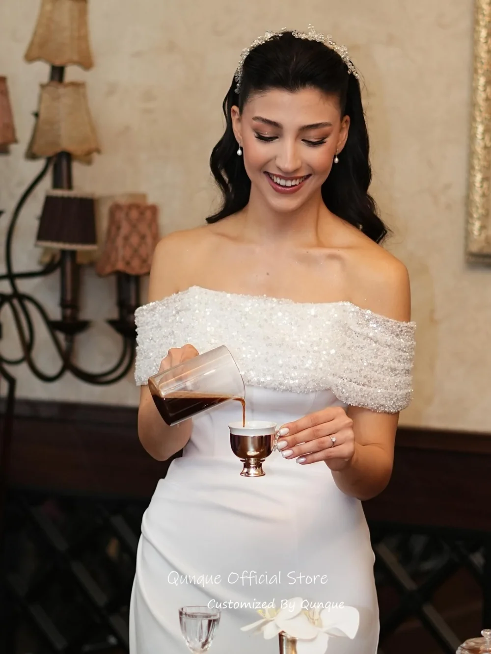 Qunque Sparkling Sequin Beaded Sheath Civil Wedding Dress Off Shoulder Mermaid Bridal Gown Maxi Vestido De Novia Boda Customized