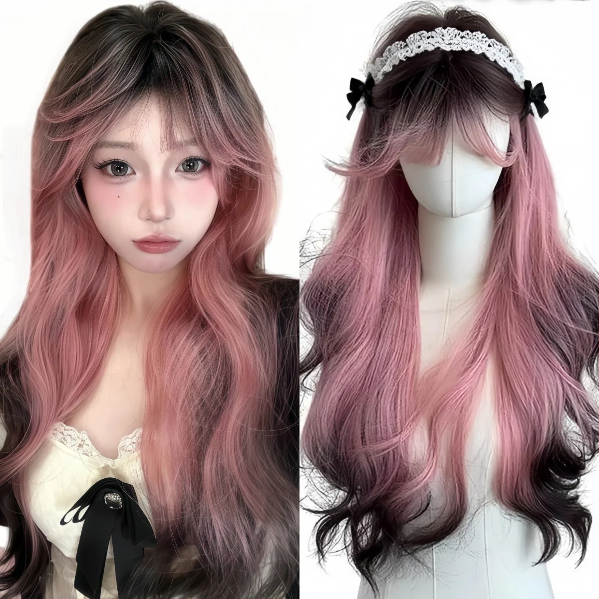 

Gradient Black Pink Wig Long Wavy Hair Realistic Scalp Matte High Temp Fiber Wig Breathable Rose Net for Summer Daily & Cosplay