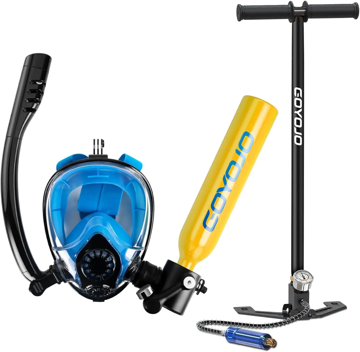 Scuba Tank 0.5L Snorkel Set, Full Face Mask with Manual Pump, Dual Use Diving Kit for Adults Use