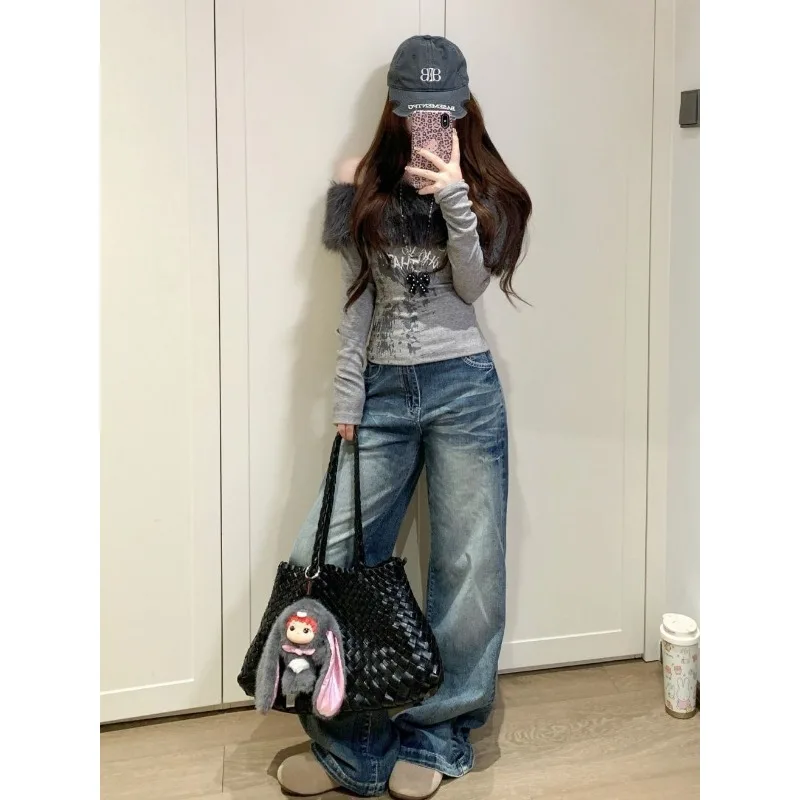 

Темный нишевый легкий топ с принтом суб-панк для женщин, осенняя новая рубашка на одно плечо с меховым воротником