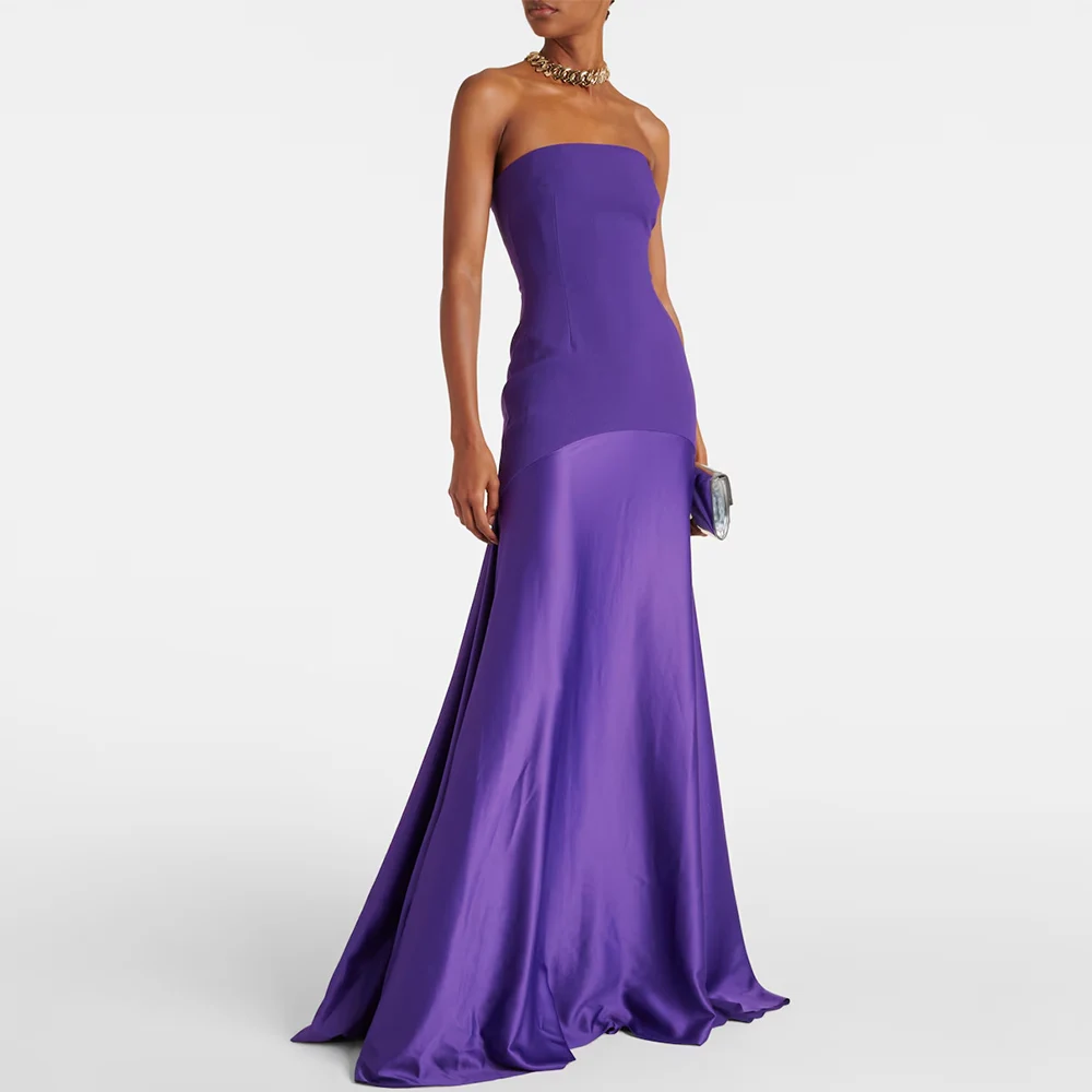 

Purple Long Evening Dresses Satin&Jersey A-line Formal Party Dress Strapless Split Ruched Valentine's Day Gown 2024