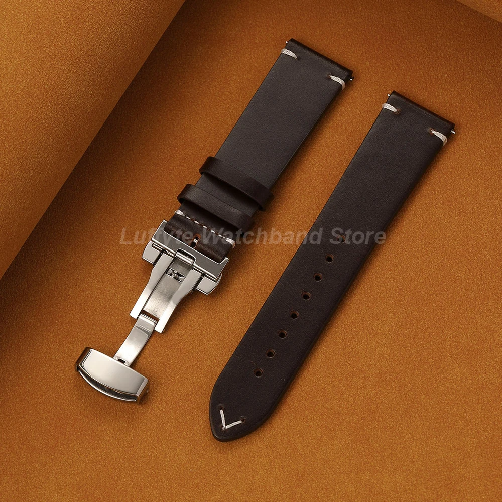 Men Universal Oil Wax Leather Watch Band With Butterfly Buckle Quick Release Spring Bar 18mm 20mm 22mm Comfortable Wristband image 2