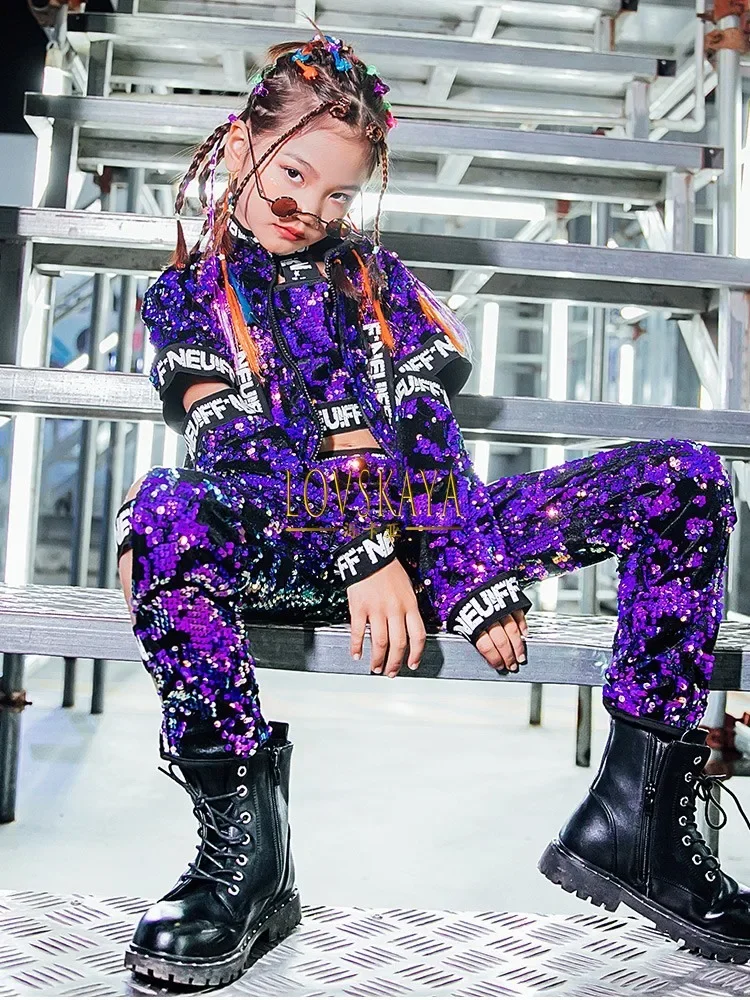 

Hip Hop Set Street Dance Performance Clothing Stage Flared Sleeve Clothes Girls Jazz Costume Children Purple Sequin