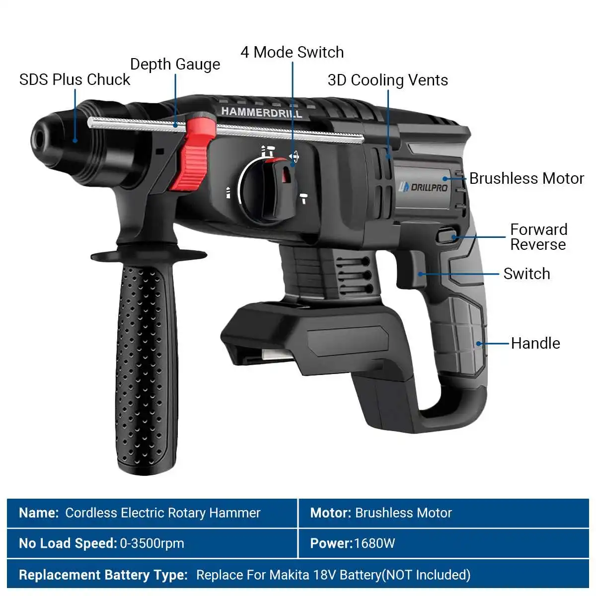 Imagem -03 - Broca de Martelo Elétrica sem Escova Drillpro Furadeira de Impacto Elétrica Multifuncional Ferramenta Rotativa sem Fio para Makita Bateria 18v 26 mm