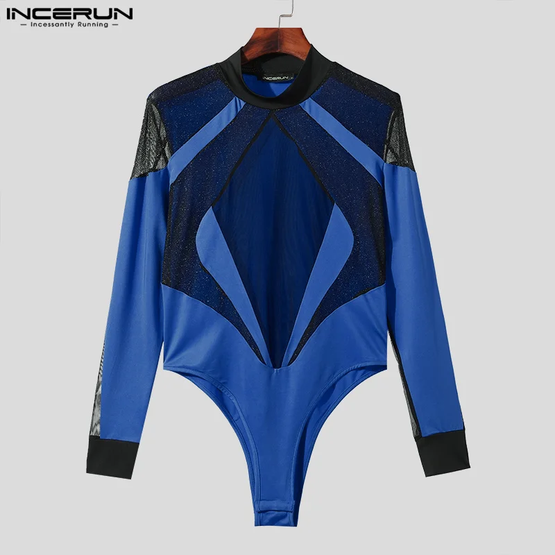 Incerun-Homens malha diamante patchwork macacão, macacões sexy, bodysuits de manga comprida, grande, fino, masculino, lazer, Novo, Elegante, S-3XL, 2022