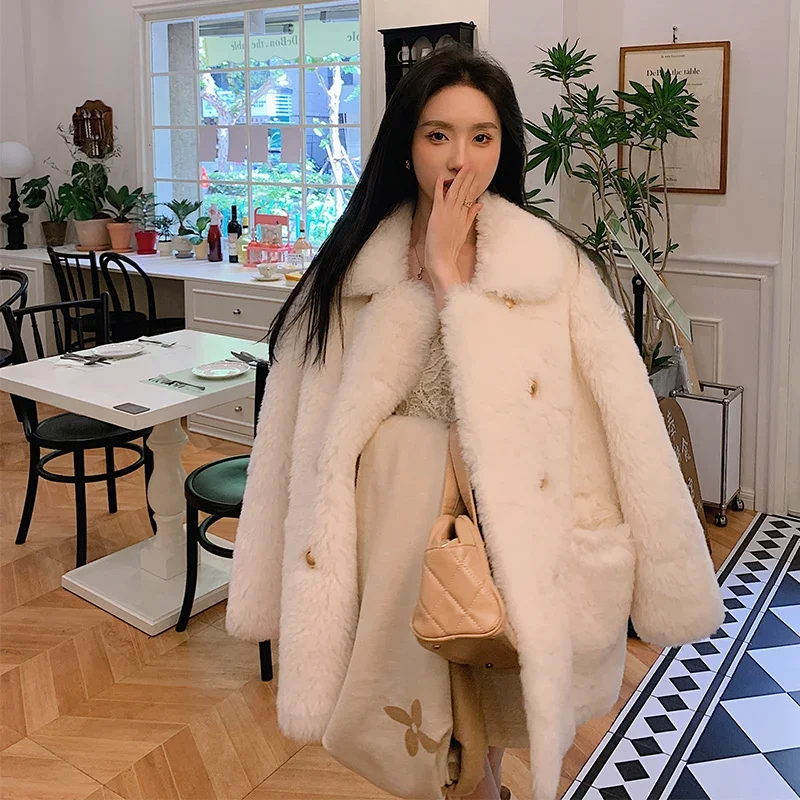 Tajiyane سترة أنيقة لقص الأغنام للنساء جديدة 2023 سترات صوف متوسطة الطول معطف فرو معاطف شتوية عصرية كورية Abrigo Mujer