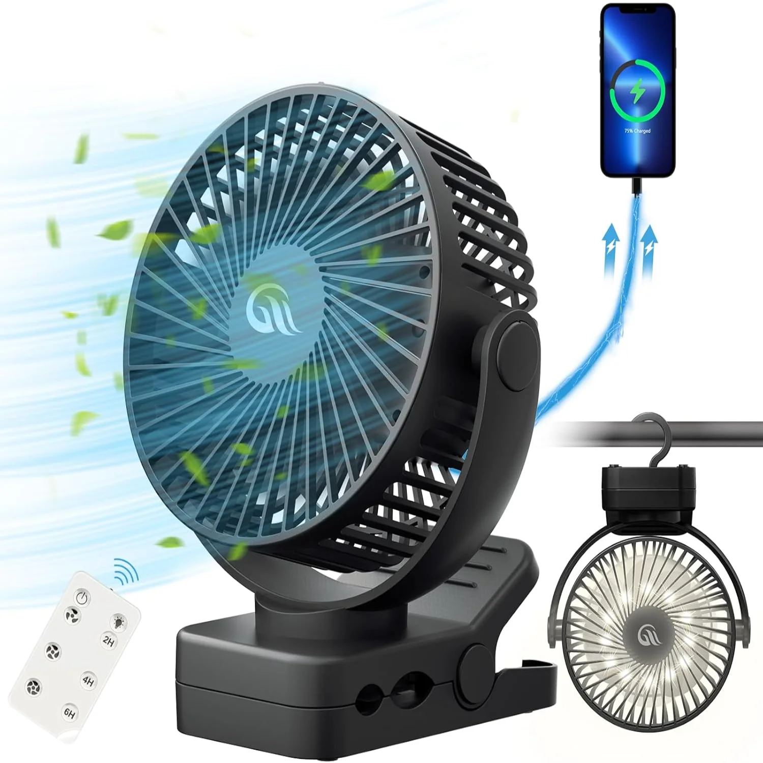 Portable Fan with Remote Control & Timer & LED Lights, 60hrs 12000mAh USB Rechargeable Battery Fan Could Clamp/Hanging/Stand , S