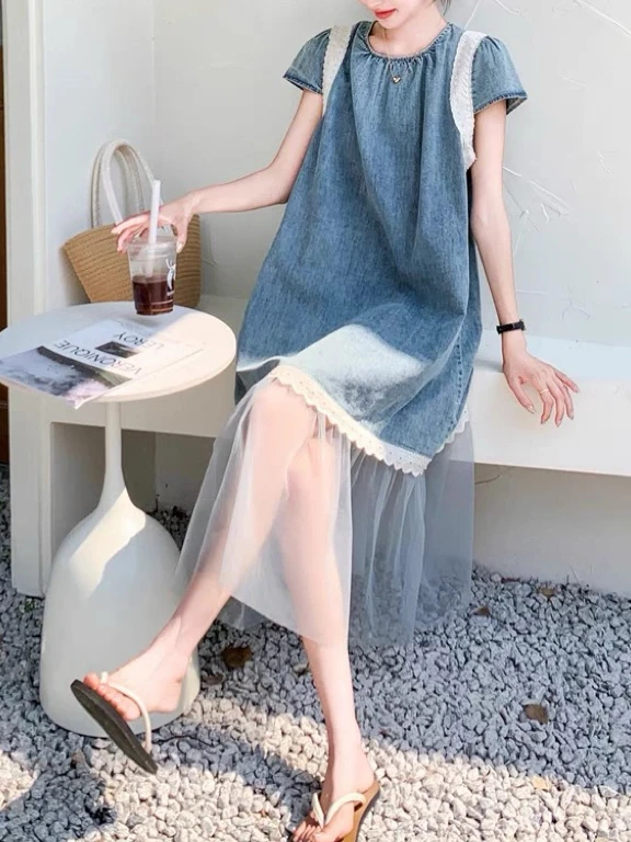Mid-Length Lace Patchwork Denim Dr Women's Loose Design Sensation Me Skirt A-Line Silhouette ort Sve round Ne