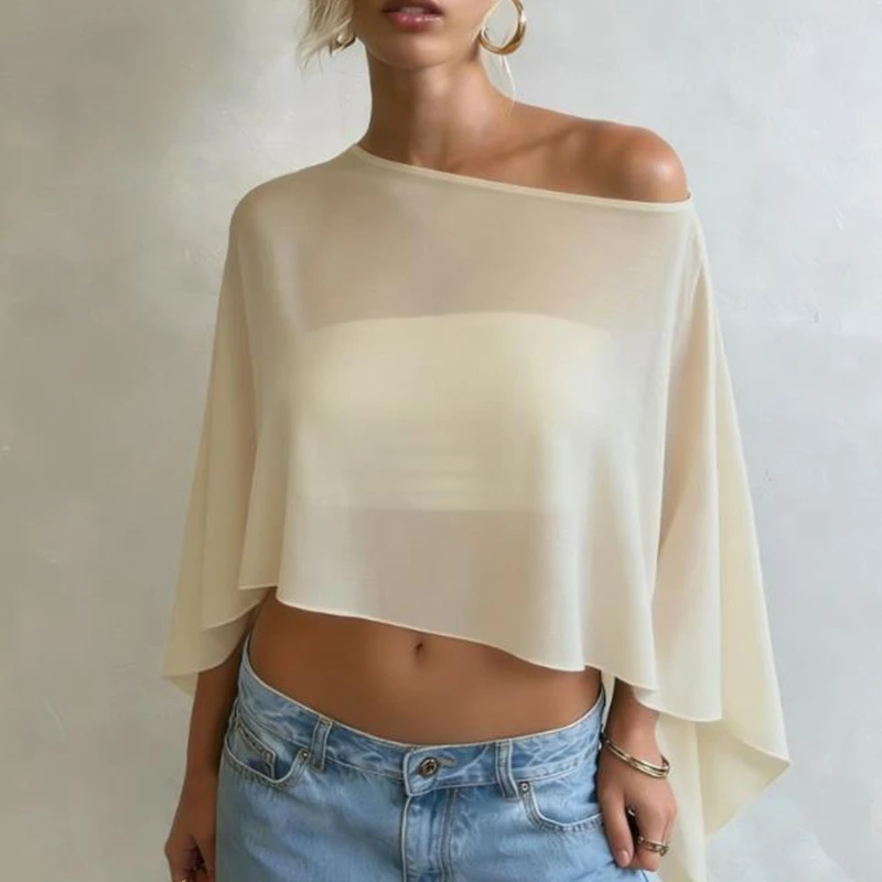 Women Chiffon Poncho Top Mesh Sheer Off Shoulder Shawl Wrap Capes Batwing Sleeve Blouse Y2k Irregular Hem Cover Up Wedding Party
