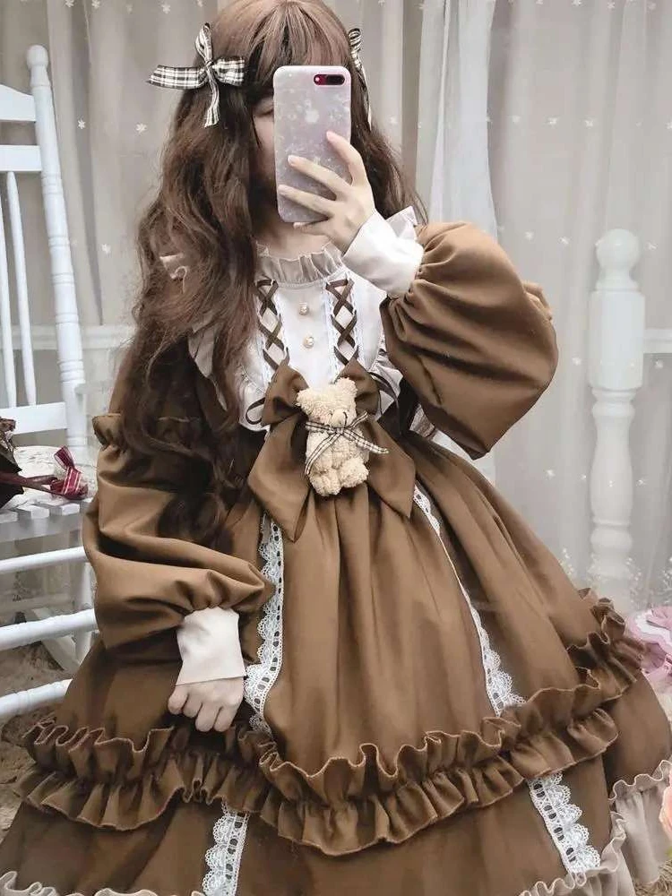 2024 New Kawaii Sleeve Bear Bow Japanese Korean Long Sleeve Dress Casual Full Set Loose Lolita Dresses Fashion Long Sleeve Women