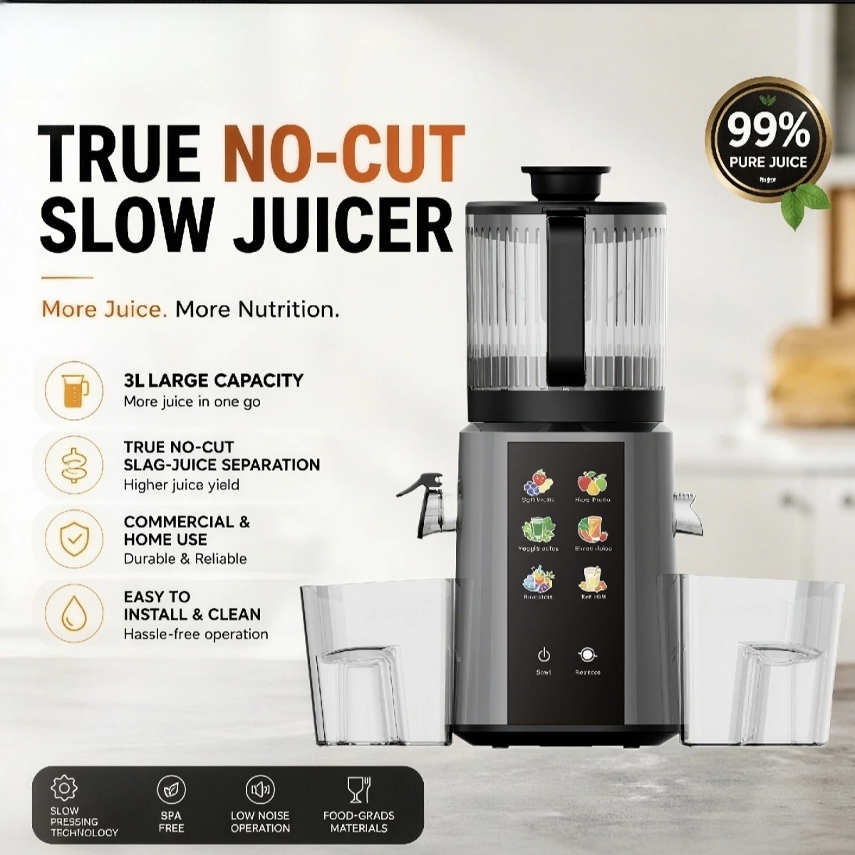 Slow Masticating Juicer Fully Automatic Juice And Pulp Separation Commercial Fruit Vegetable Extractor 250W Large Caliber