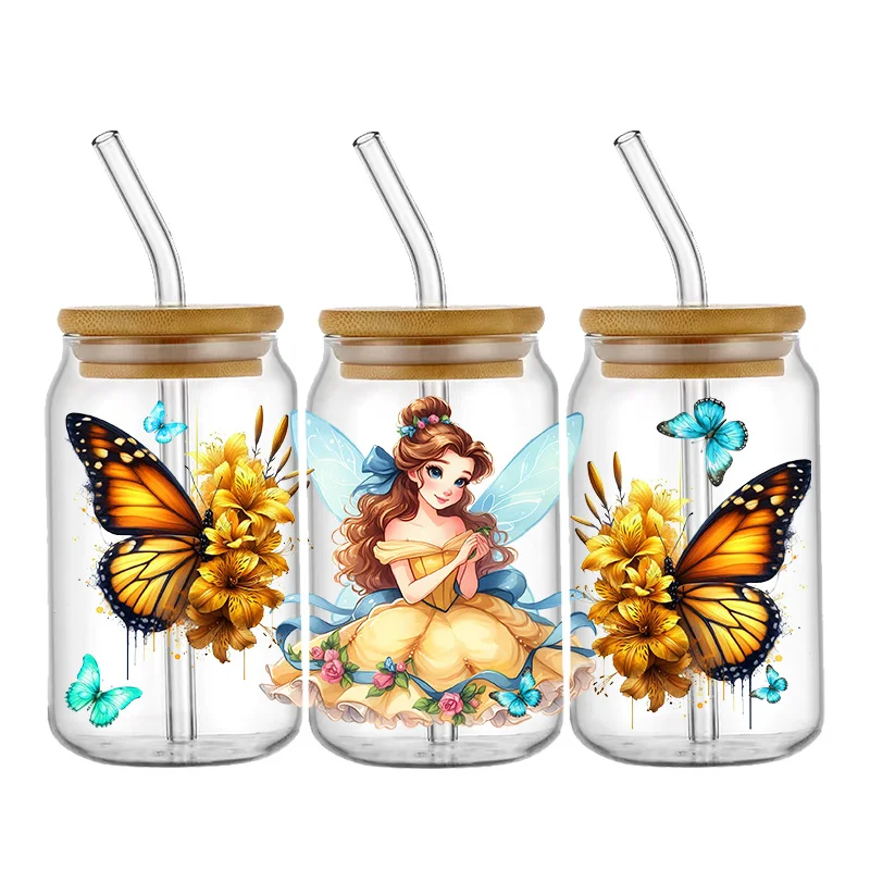 Stiker Transfer Kupu-kupu Lucu Putri Disney Stiker Pembungkus Mug DTF UV Tahan Air Stiker Pembungkus 3D DIY untuk Kaca Libbey 16Oz