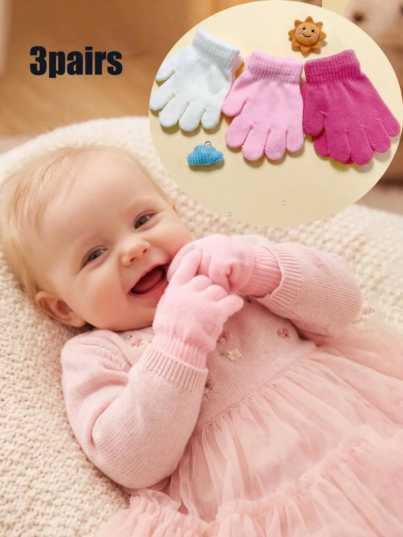 3Pairs 0‑12M Baby Girls Knit Gloves Set, Cartoon Full‑Finger Gloves, Candy‑Colored Infant Knitted Hand Covers for Daily Wear