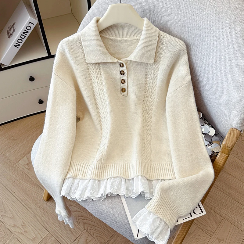 REALEFT Autunno Inverno Lavorato A Maglia Polo Collare Maglioni da Donna 2025 Nuova Manica Lunga Elegante Patchwork di Pizzo Coreano Allentato Pullover Top