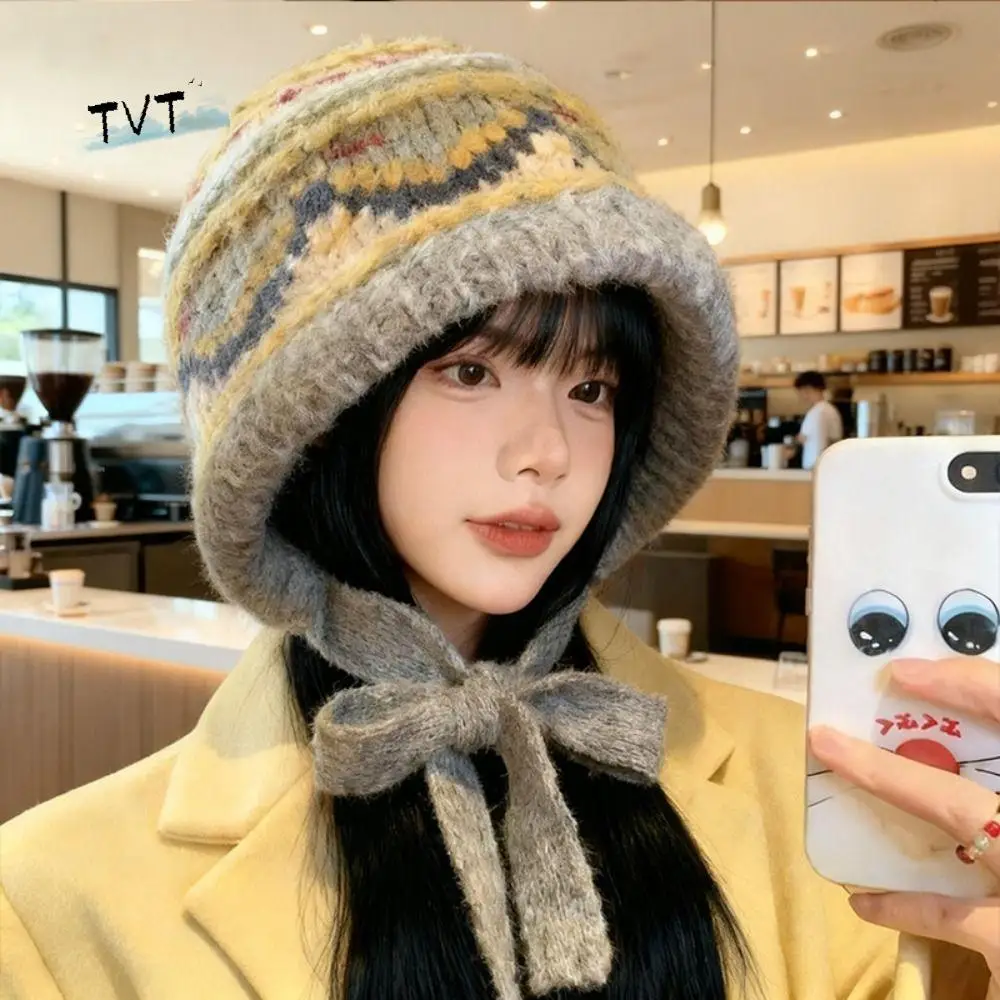 

Fashion Ethnic Style Fair Isle Style Hat Thicken Windproof Pullover Beanie Hat Retro Warm Knitted Plush Hat Autumn Winter