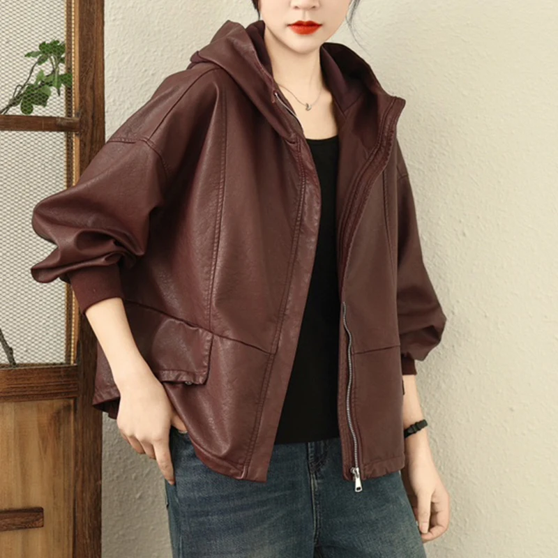 Masss wasss 2025 feminino clássico vintage com capuz lazer oversized jaquetas de couro falso senhoras moda casacos do plutônio solto blusões