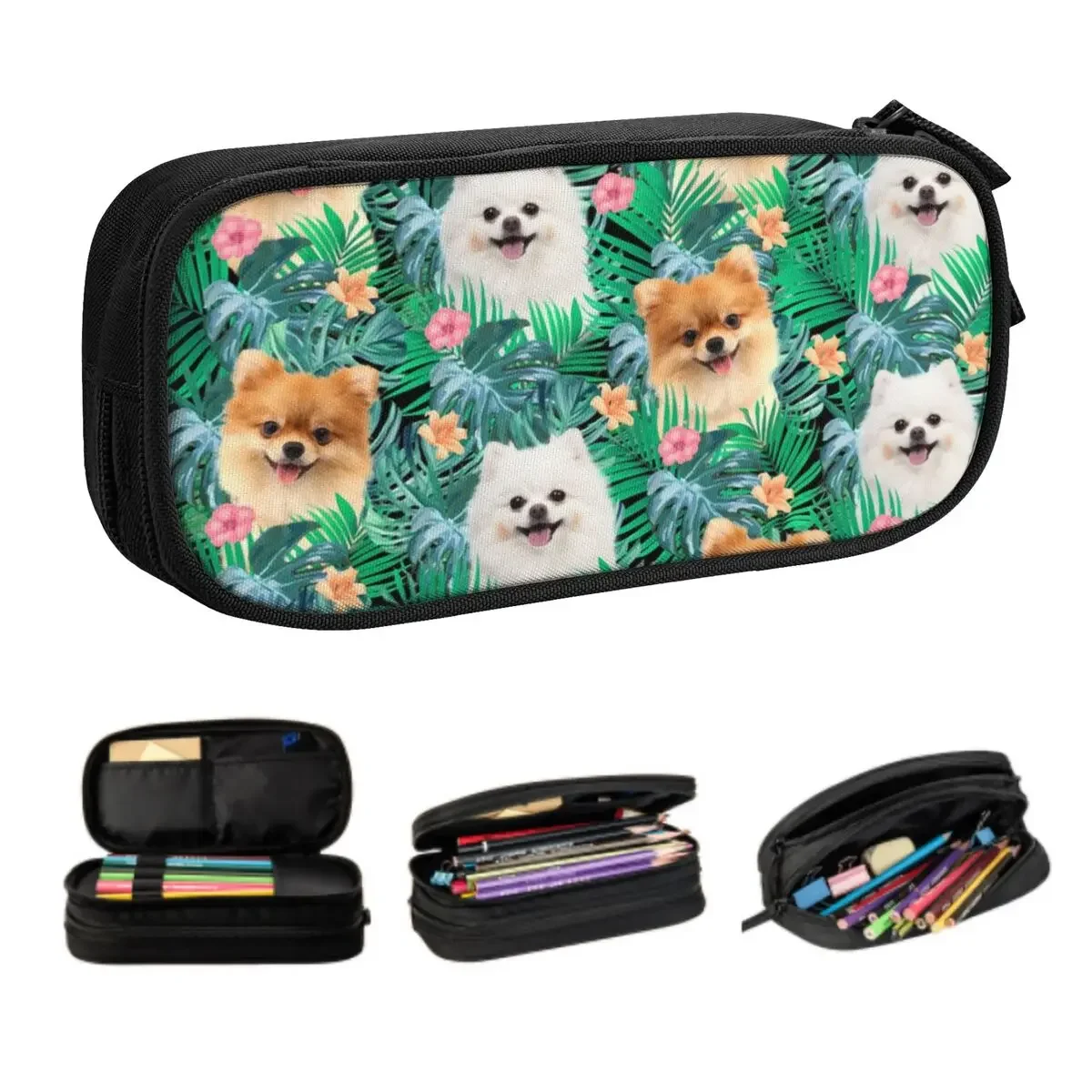 

Custom Pomeranian Dog With Summer Leaf Cute Pencil Cases Boy Girl Big Capacity Pet Spitz Pencil Pouch Students Stationery