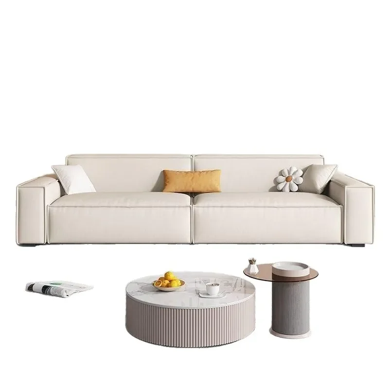 Cream Minimalist Straight Sofa Cat Scratch Resistant Leather Modern Living Room Furniture Simple Design Compact Couch