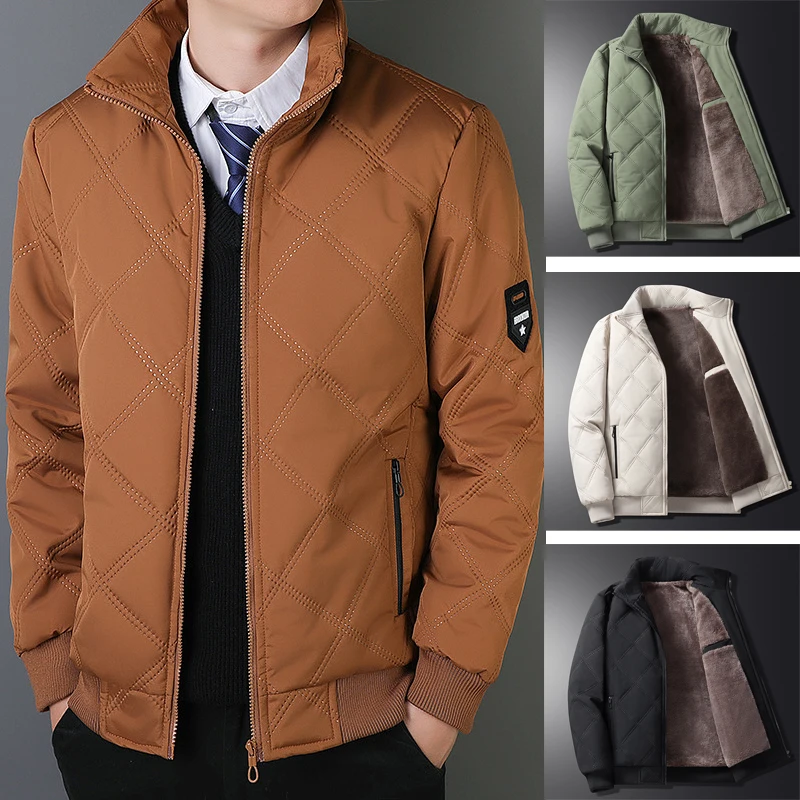 Men Winter Thick Warm Jacket Fashion Solid Color Long Sleeves Stand Collar Grid Parkas Coat 2025 Male Casual Outwear Clothing