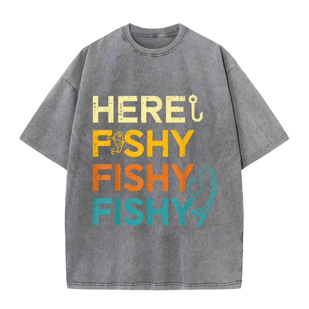 Fishing Here Fishy Retro Fish Lover Fisherman Men Women Kids T-Shirt Men's Clothing Short Sleeve Clothes Outdoor Graphic Tee