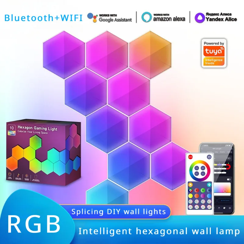 

RGB Smart Hexagonal Wall Lamp Color Changing Ambient Night Light DYI Shape Music Rhythm APP for Game Room Bedroom