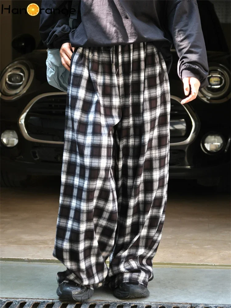 HanOrange 2024 Autumn Winter Retro Plaid Wide Leg Pants Women Loose Elastic Soft Trousers Blue/Black